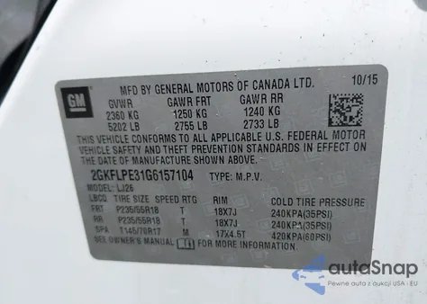 2016 GMC Terrain Slt из США, поврежденный, VIN 2GKFLPE31G615710